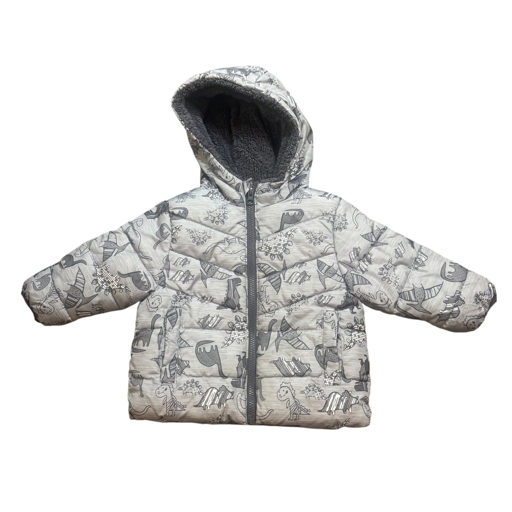 Swiss Tech Kids Dinosaur Puffer Jacket Hooded Sherpa Lined Grey 12 Months